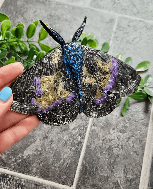 Moth Wall Hanging - Black Glitter, Purple Real Dried Flowers - Midnight Blue Body