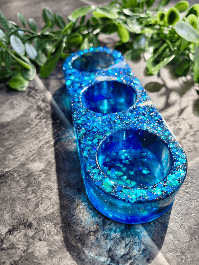 Triple Tealight Candle Holder – Blue Heart Glitter