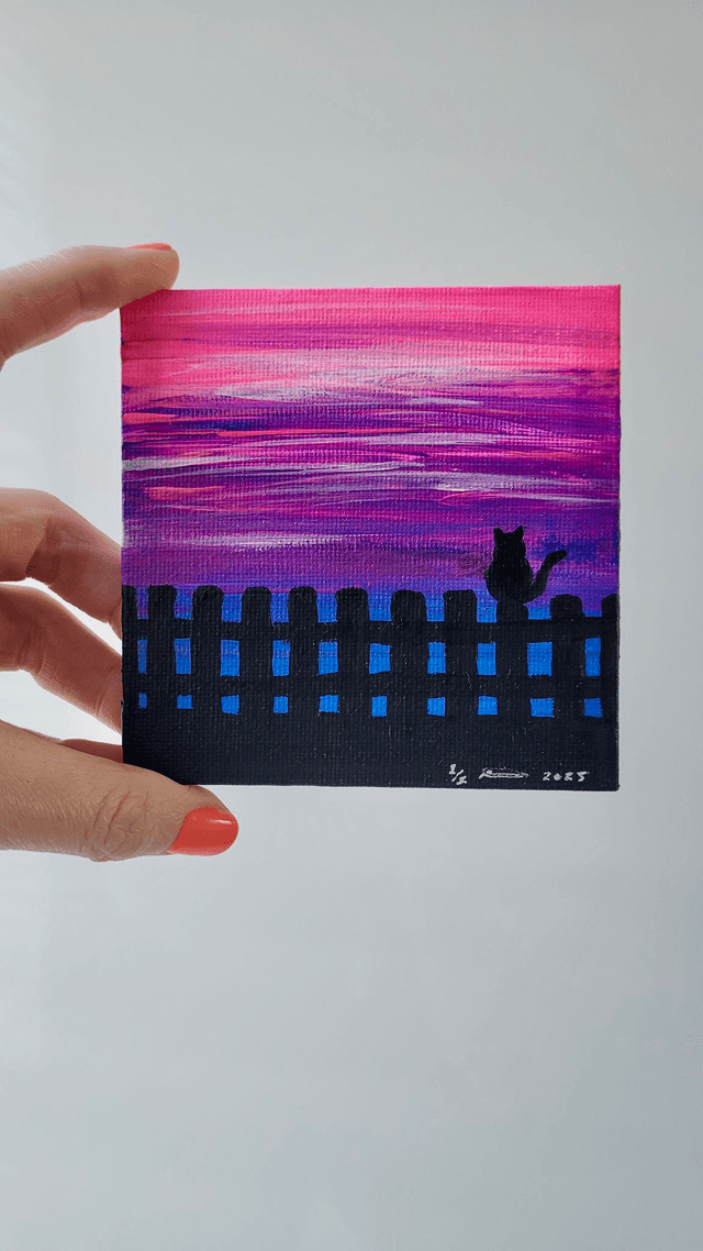 Original Mini Canvas Painting – Sunset Cat on Fence