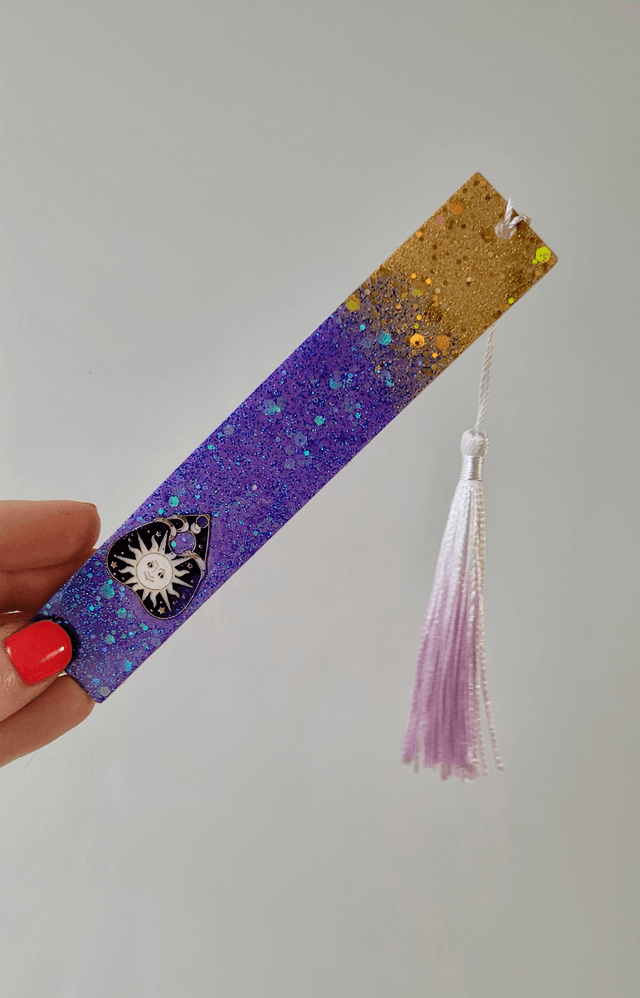 Purple & Gold Celestial Sun Planchette Glitter Bookmark with Tassel
