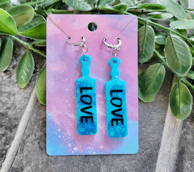 Earrings | Blue Glitter  Tye Die LOVE Paddle Earrings | Stainless Steel Leverback Hoops