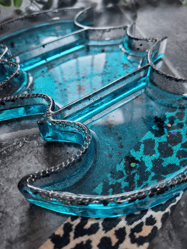 Trinket Tray - Large Bat Shape - Blue with bat charms and silver chain detail