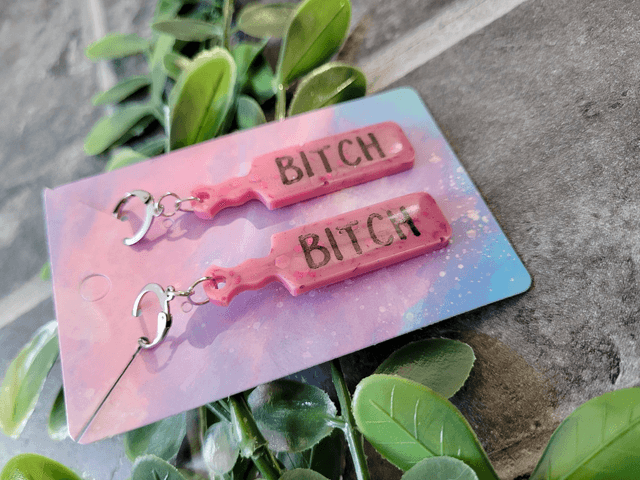 Earrings | Pink Glitter Bitch Earrings | Stainless Steel Hoops