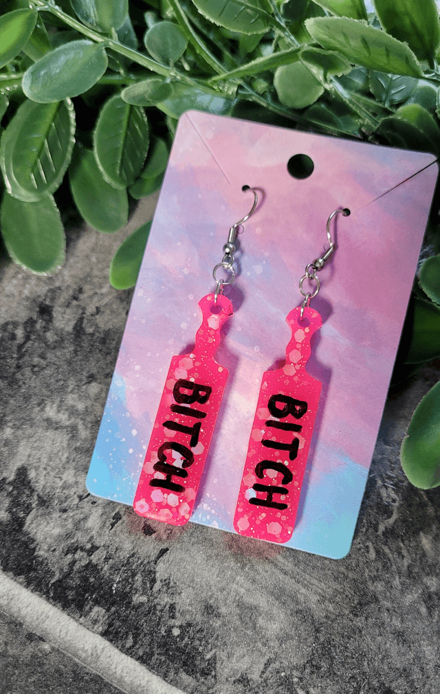 Earrings | Bright Pink Glitter BITCH Earrings | Stainless Steel Hooks