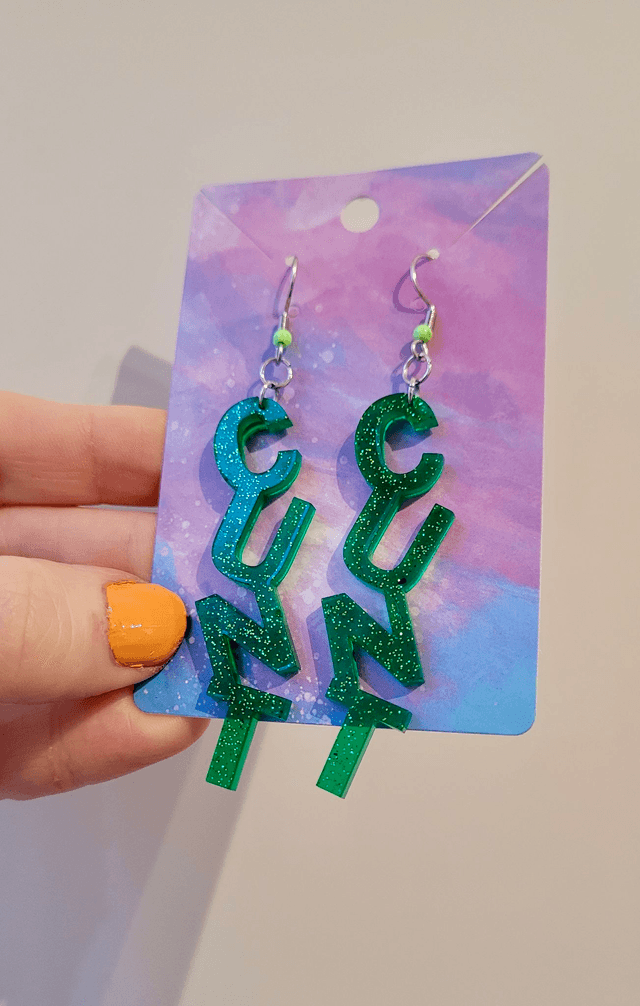Earrings- Green Glitter CUNT Swear Earrings | Stainless Steel Shepherd Hooks