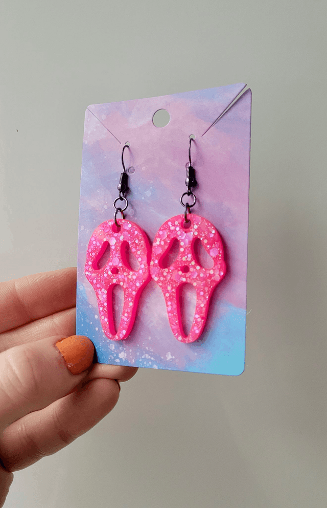 Earrings | Ghostface - Scream - Hot Pink Glitter Earrings | Stainless Steel Hooks - Gunmetal Black Hooks