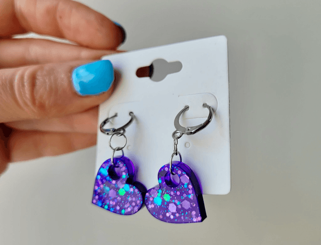 Earrings | Purple Glitter Hearts | Stainless Steel Hoops
