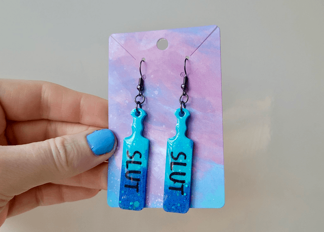 Earrings | SLUT Blue Glitter Dipped Paddle Earrings | Stainless Steel Gunmetal Hooks