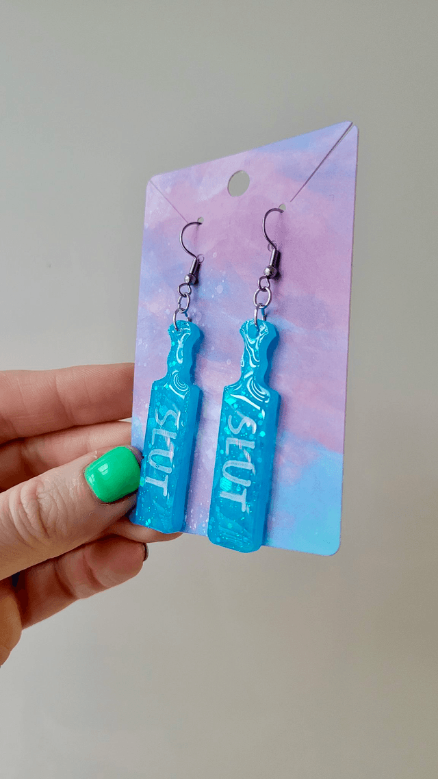 Earrings | SLUT Paddle Earrings Teal Blue Glitter | Stainless Steel Hooks
