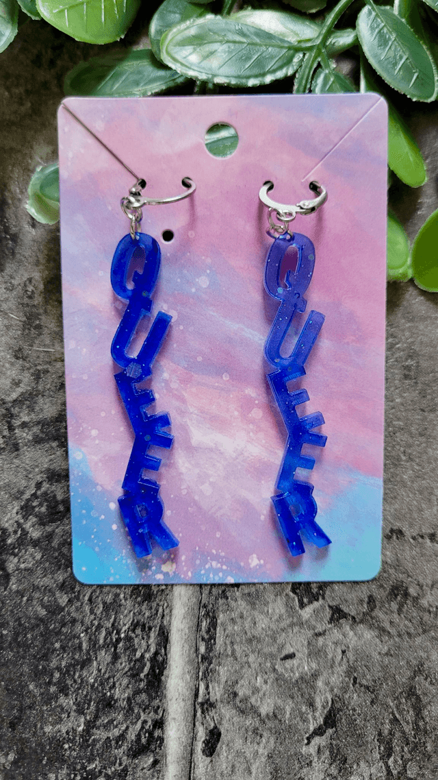 Earrings- Dark Blue Glitter QUEER Earrings | Stainless Steel Leverback Hoops