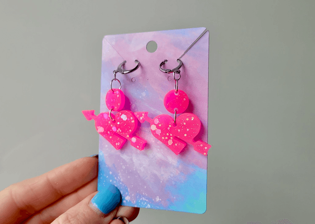 Earrings | Hot Pink Glitter Heart and Arrow | Stainless Steel Hoops
