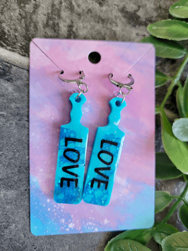 Earrings | Blue Glitter  Tye Die LOVE Paddle Earrings | Stainless Steel Leverback Hoops