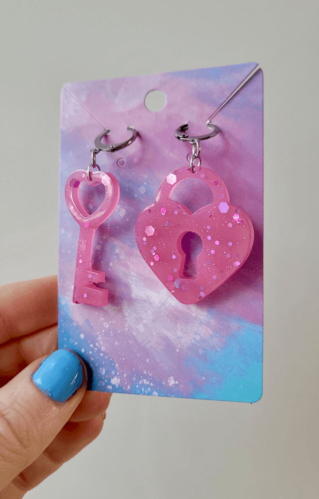 Earrings | Pink Glitter Heart Lock and Key | Stainless Steel Hoops