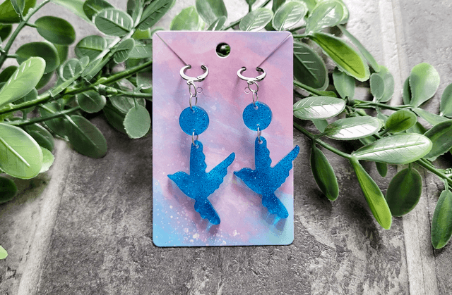 Earrings | Blue Glitter Swallow Birds | Stainless Steel Hoops