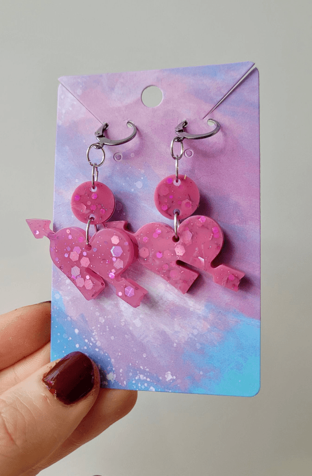 Earrings | Dusty Pink Glitter Heart and Arrow | Stainless Steel Lever back Hoops