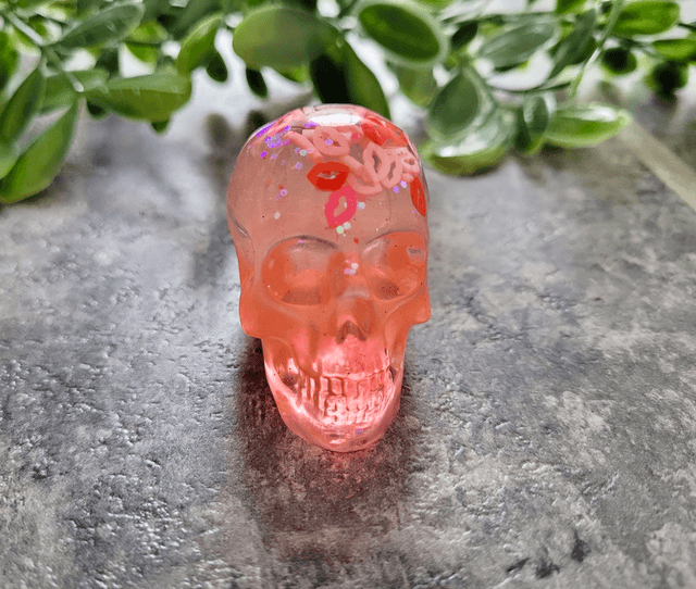 Skull Ornament - Medium - Pink Glitter Lips, Sprinkles, Kisses 