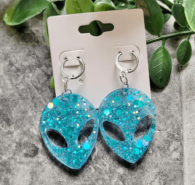 Earrings | Blue Glitter Alien Head | Stainless Steel Hoops