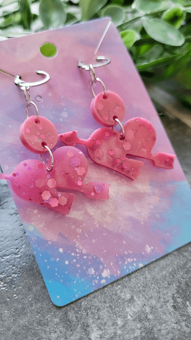Earrings | Dusty Pink Glitter Heart and Arrow | Stainless Steel Lever back Hoops