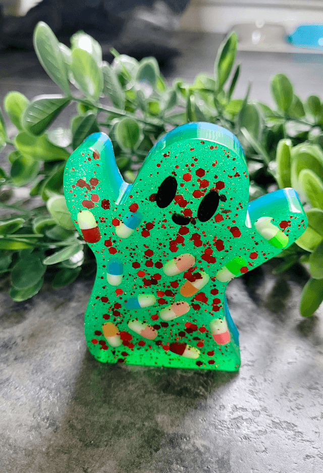 Ghost Ornament - Pilled Up - Green & Blue Glitter Ghost wil Pills & Red Glitter