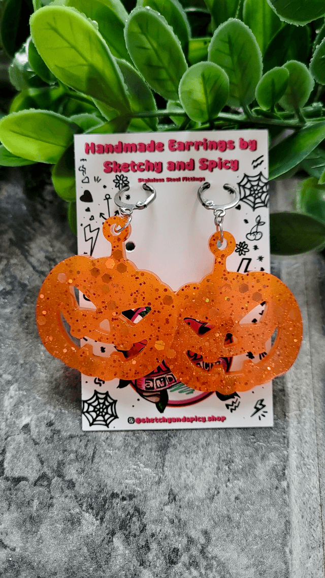 Orange Glitter Pumpkin Earrings | Stainless Steel Hoops