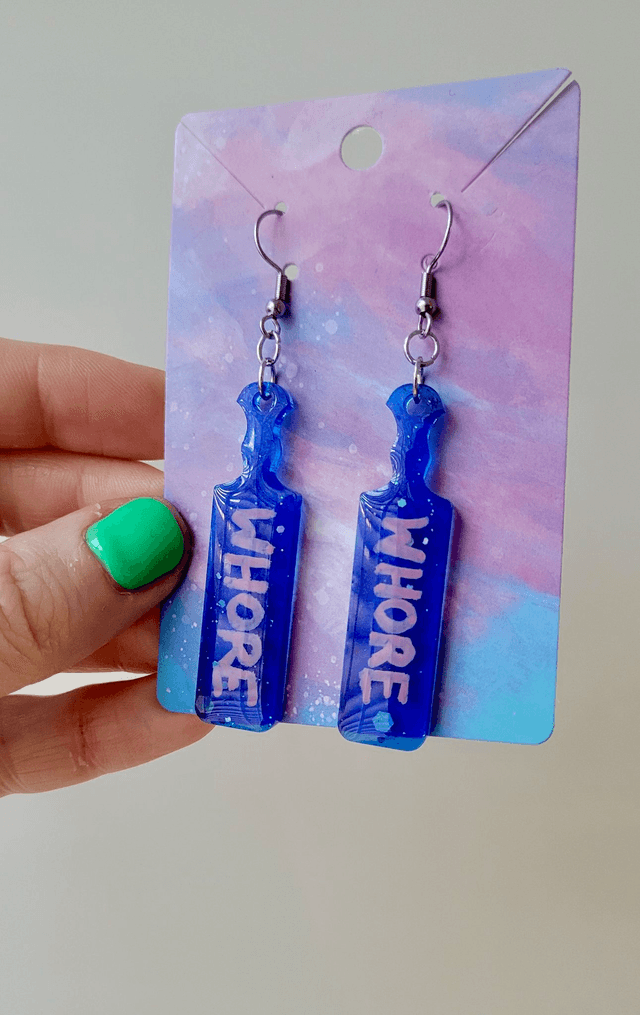Earrings | WHORE Blue Glitter Paddle Earrings | Stainless Steel Hooks