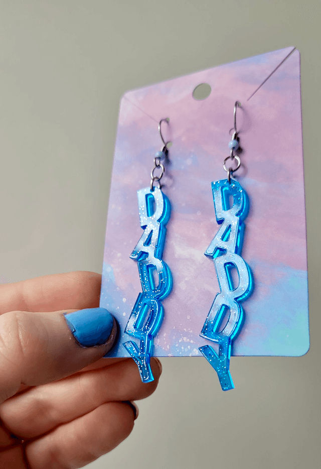 Earrings | DADDY - Blue with Silver Glitter | Stainless Steel Hooks