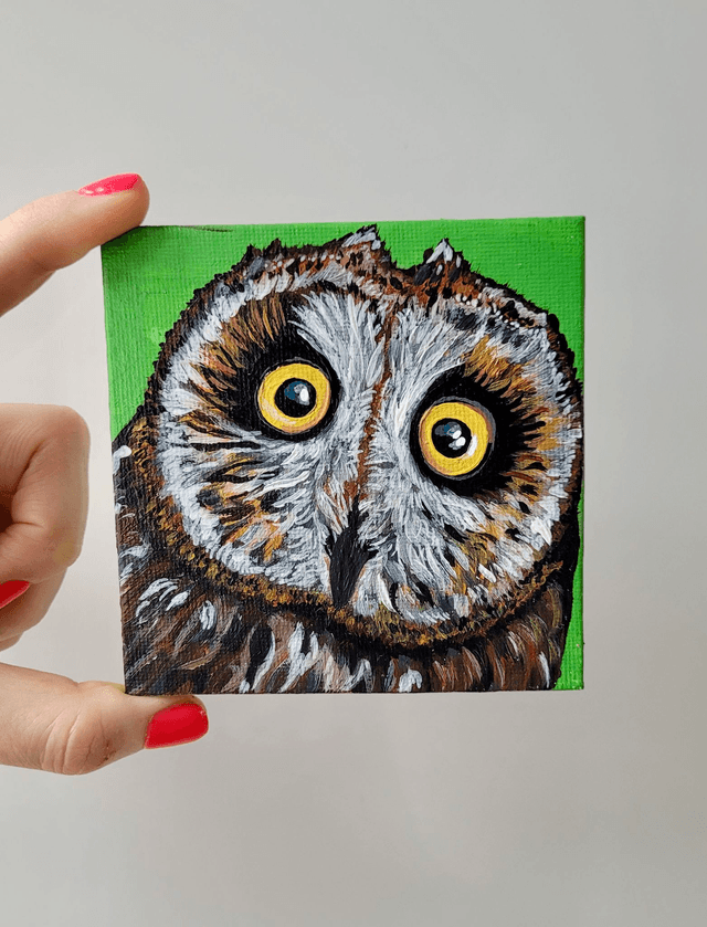 Original Mini Canvas Painting – Owl Close Up Startled Face