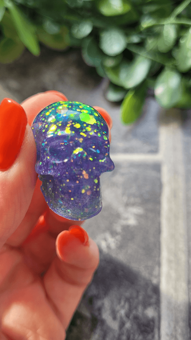 Skull Ornament - Mini - Lilac Purple with Green Holographic Glitter