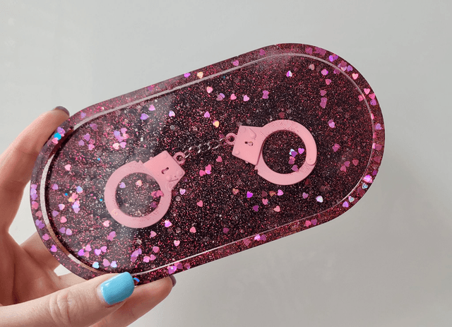 Trinket Tray - Pink Glitter Hearts and Handcuffs