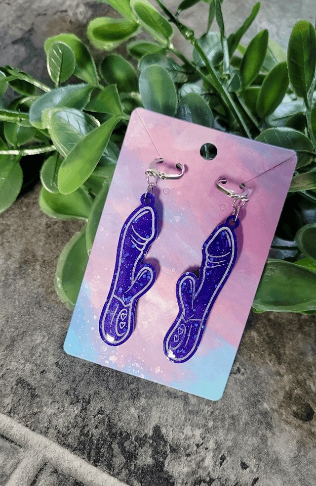 Earrings | Blue Glitter Rabbit Vibrator Earrings | Stainless Steel Lever Back Hoops