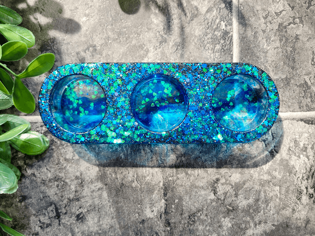 Triple Tealight Candle Holder – Blue Heart Glitter