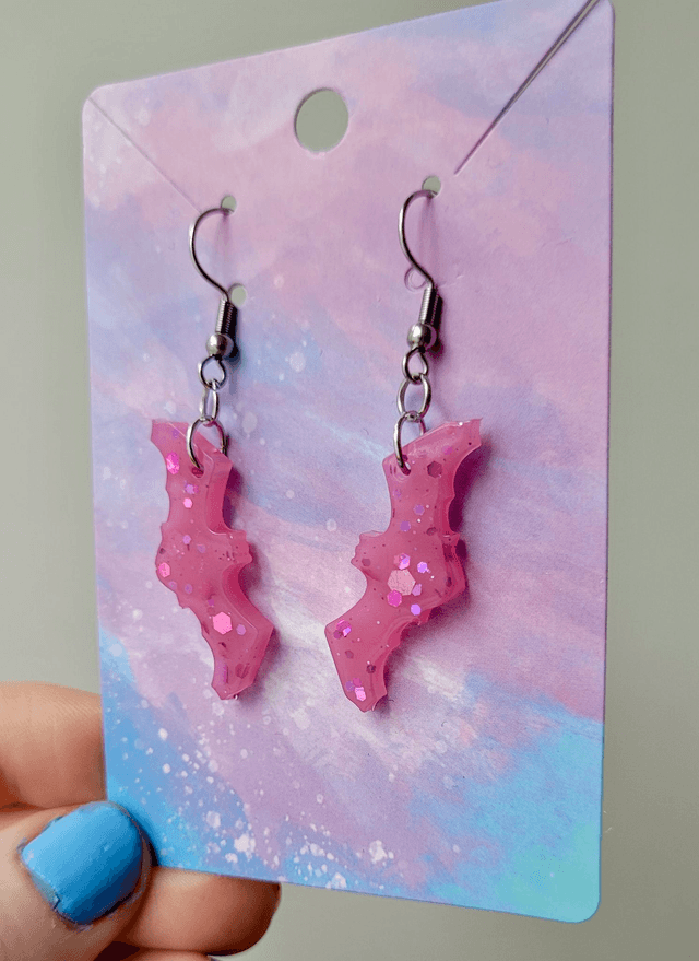 Earrings | Pink Glitter Bats | Stainless Steel Hooks