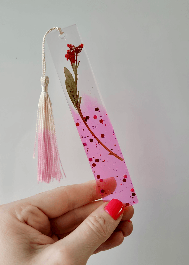 Pink Glitter Floral Bookmark - Dried Flowers