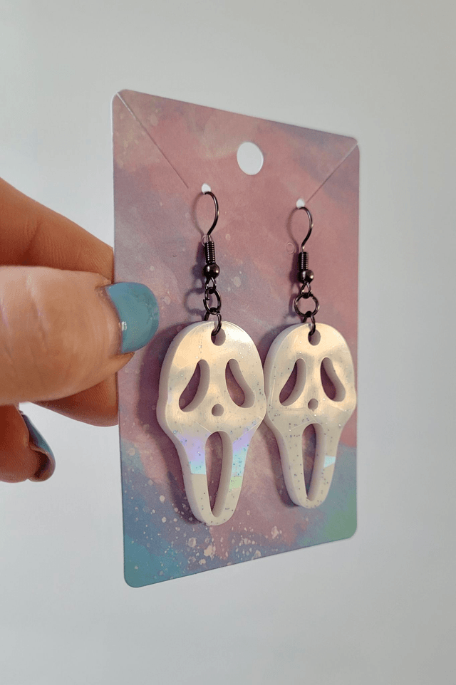 Earrings | Ghostface Scream Earrings - White & Blue Glitter | Stainless Steel Hooks - Gunmetal Black