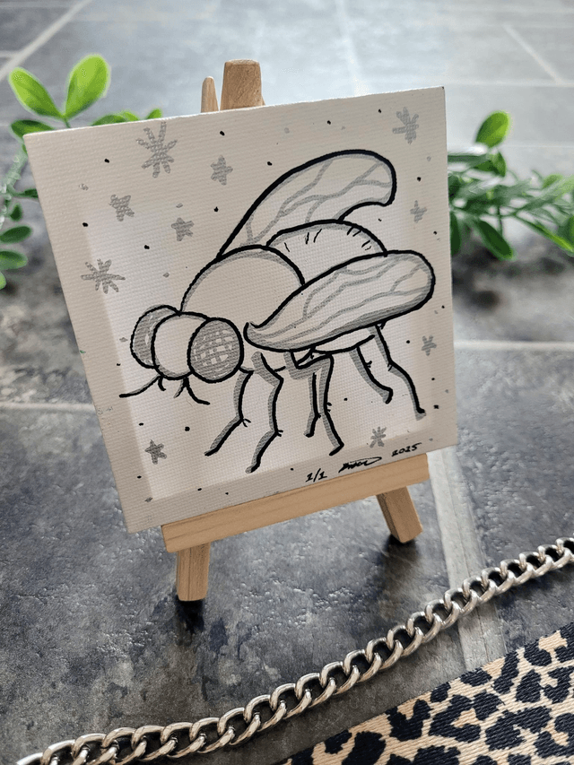 Original Mini Canvas Painting – Black & Silver Fly