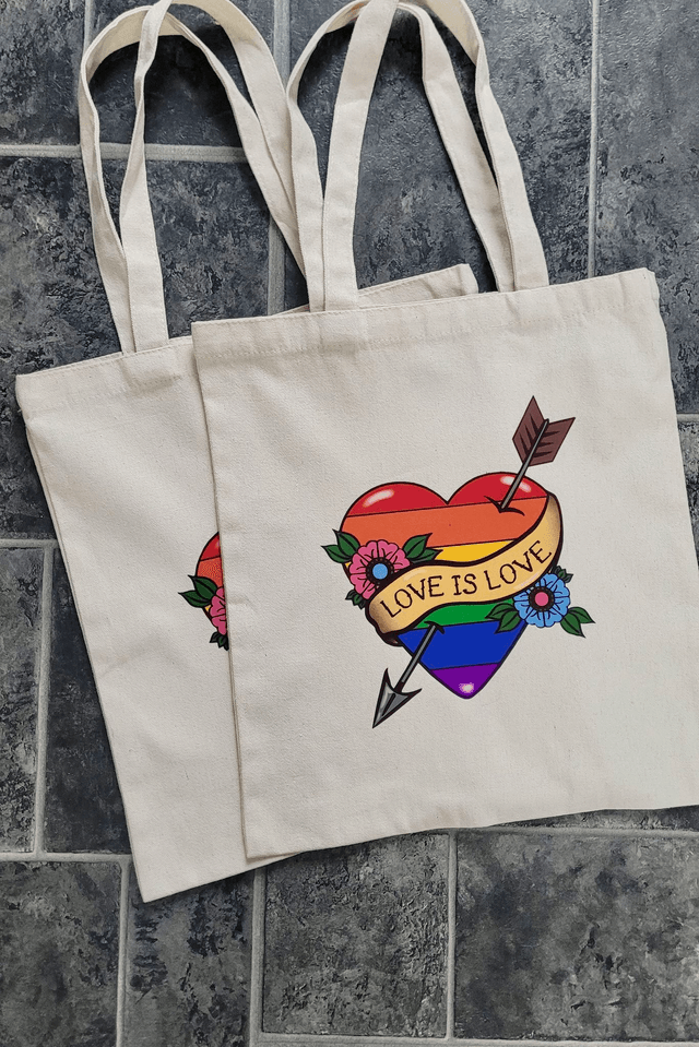 Love is Love Rainbow Pride Flag Heart & Scroll Tattoo Tote Bag