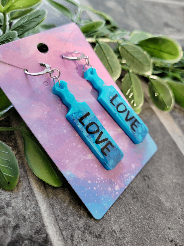 Earrings | Blue Glitter  Tye Die LOVE Paddle Earrings | Stainless Steel Leverback Hoops