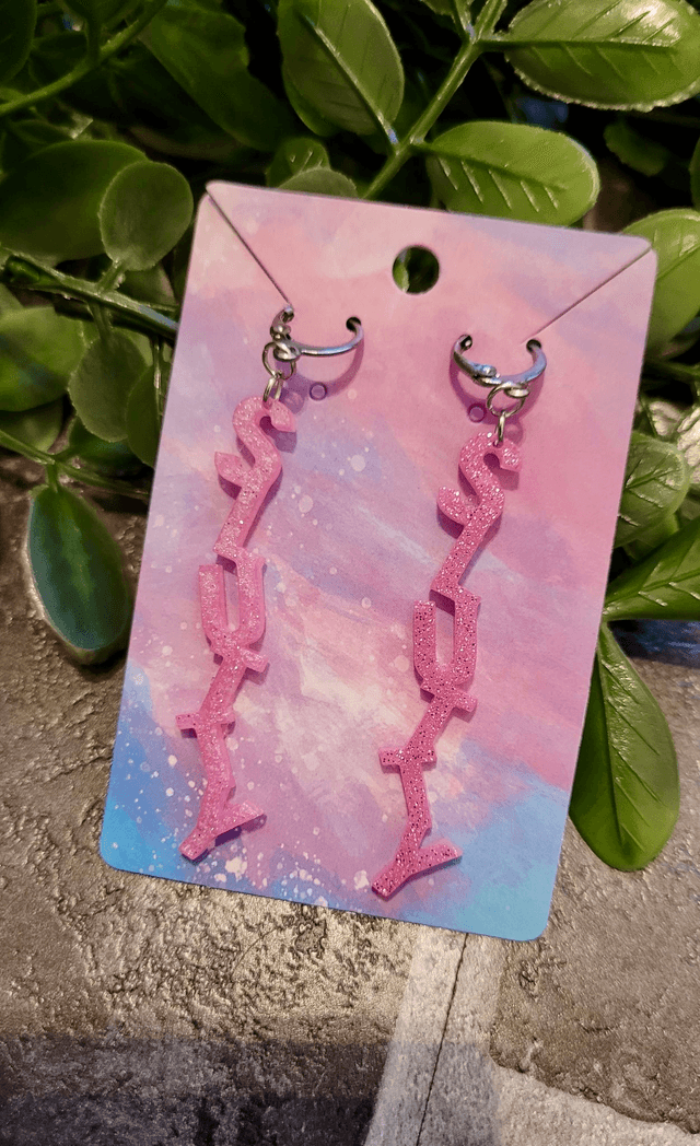 Earrings- Pink Glitter SLUTTY Earrings | Stainless Steel Lever back Hoops