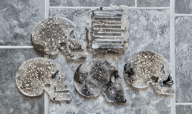 Coasters Set of 4 with Holder - Skull Coasters with Silver Glitter and Black Swirls