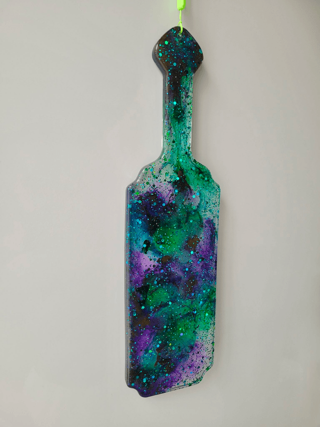 Handmade Resin Paddle – Green Purple Glitter Swirl with Neon Strap | Alt Decor or Kinky Gift