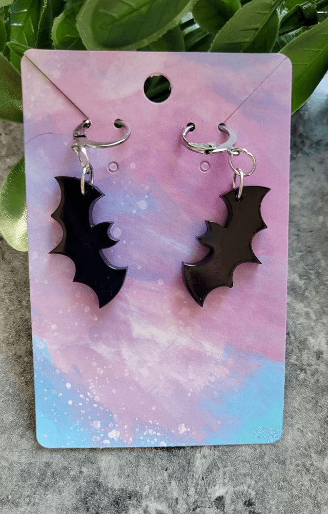 Earrings | Glossy Black Bats - Various Designs | Stainless Steel Hoops