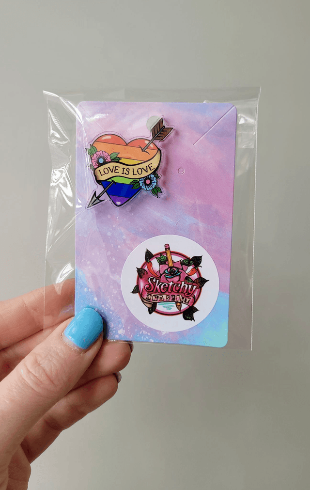 Pride LGBTQ+ Love is Love - Tattoo Heart & Arrow with Scroll Acrylic Pin Badge