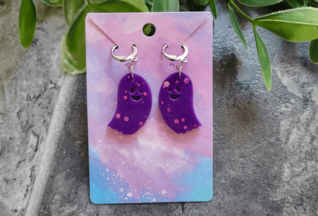Earrings | Ghost Purple Glitter Ghost | Stainless Steel Leverback Hoops