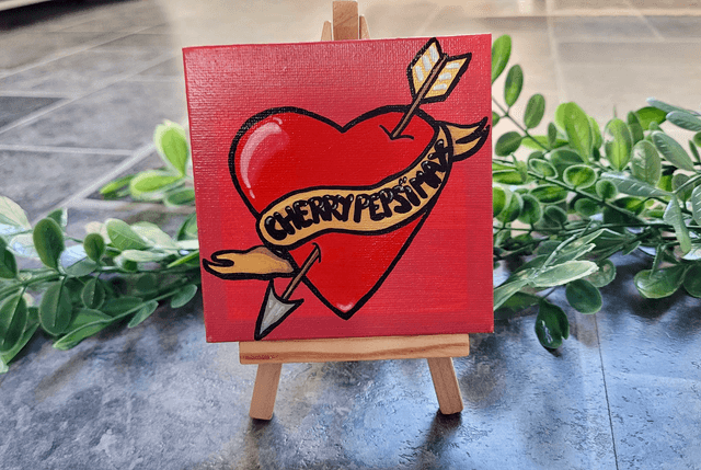 Original Mini Canvas Painting – Cherry Pepsi Max Tattoo Heart & Arrow with Scroll