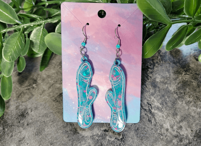 Earrings | Blue & Purple Glitter with White Outline Rabbit Vibrator Earrings | Stainless Steel Hooks & Colour Bead