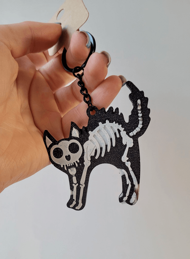 Black & White Glitter Skeleton Cat Keychain - Hellcat Keyring