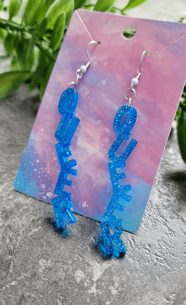 Earrings- Blue & Silver Glitter QUEER Earrings | Stainless Steel Beaded Hooks