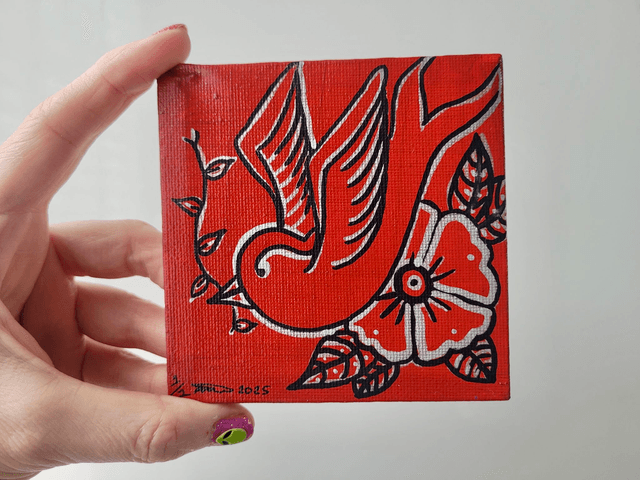 Original Mini Canvas Painting - Swallow & Flower