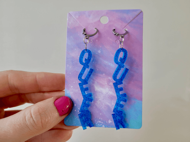 Earrings- Blue Glitter QUEER Earrings | Stainless Steel Leverback Hoops
