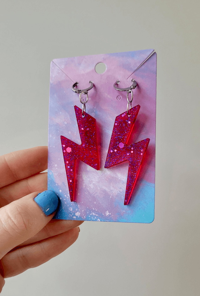 Earrings - Pink-Red Glitter Lightning Bolt Earrings | Stainless Steel Lever Back Hoops
